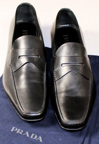PRADA SHOES $665 BLACK LOGO EMBOSSED PENNY VAMP NATURAL LOAFER 8 41e NEW