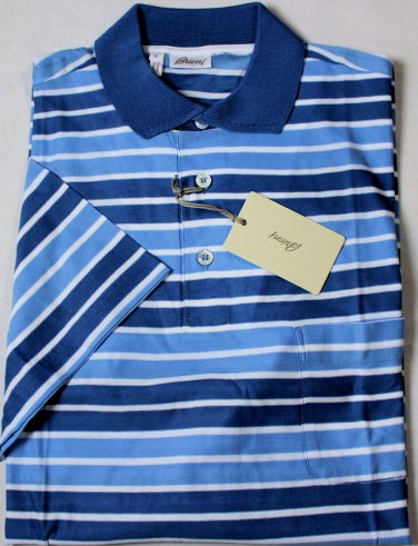 BRIONI POLO $395 LIGHT BLUE/WHITE STRIPED 3-BTN COTTON GOLF SHIRT L 52e NEW