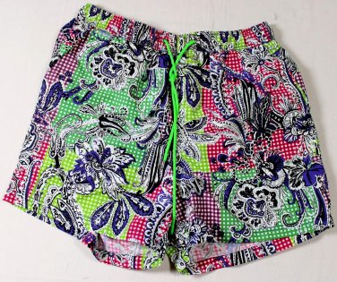 ETRO SWIM TRUNKS $365 RED/GREEN CHECK FLORAL PRINT LOGO SWIM SHORTS LG 52e NEW