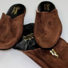 CHARVET SHOES $545 DK BROWN CALFSKIN HOUSE SLIPPERS LOGO TRAVEL POUCH M 8-9 NEW