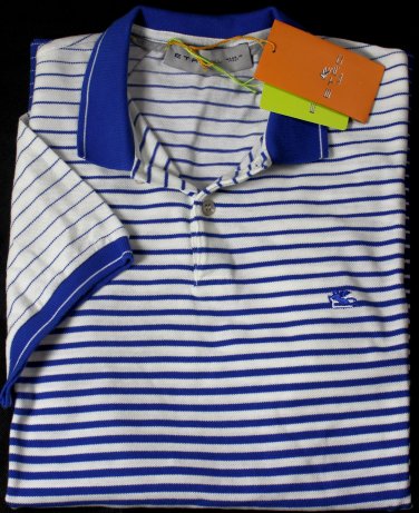ETRO POLO $450 WHITE/BLUE 2-BTN OMBRE DEGRADE STRIPED LOGO POLO SHIRT XL 54e NEW
