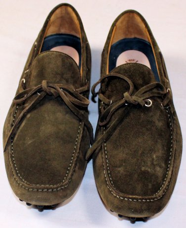 SUTOR MANTELLASSI SHOES $545 BROWN SUEDE PEBBLE SOLE TIED VAMP DRIVERS 11 44 NEW