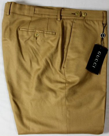 GUCCI PANTS $690 CAMEL BROWN 100% WOOL FLANNEL BUTTONED WAIST SLACKS 40 56e NEW