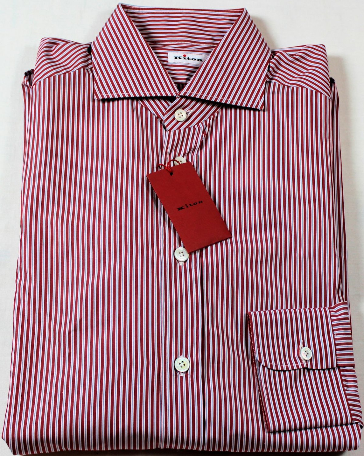 KITON DRESS SHIRT $795 RED STRIPE KITON HANDMADE SHIRT 15.75/34 40e NEW