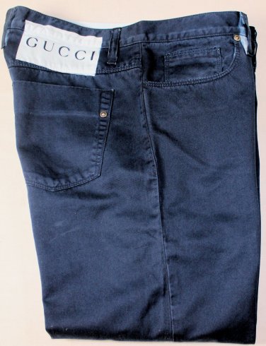 GUCCI PANTS $595 NAVY BLUE PAINTED LOGO BTN FLY 5-PKT FITLEG  CHINOS 32 48e NEW