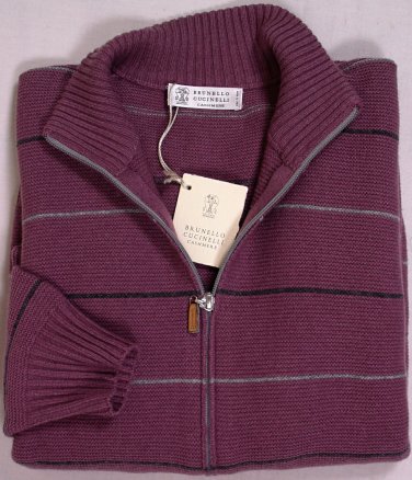 BRUNELLO CUCINELLI SWEATER PURPLE/GRAY STRIPE 100%CASHMERE CARDIGAN MED 50e NEW