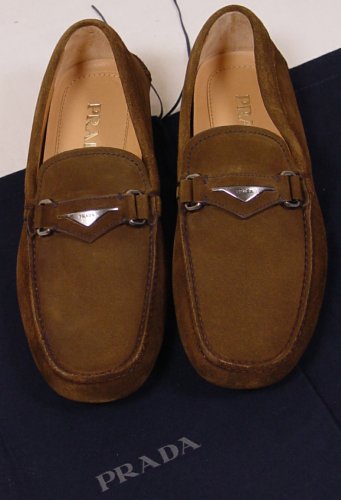 PRADA SHOES $595 BROWN SUEDE LOGO BIT ORNAMENTED VAMP DRIVERS 9.5D 42.5e NEW