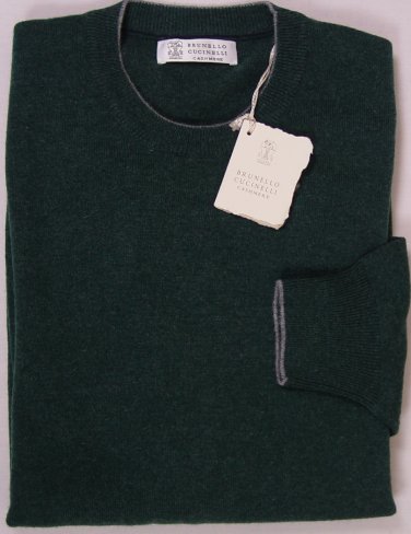 BRUNELLO CUCINELLI SWEATER HUNTER GREEN 100%CASHMERE CREWNECK JUMPER XXL 56e NEW