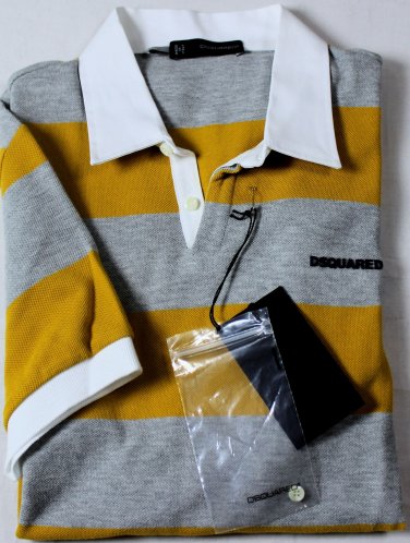 DSQUARED2 POLO $445 GRAY 2-BTN RUGBY STRIPED LOGO ORNAMENTED SHIRT L 52e NEW