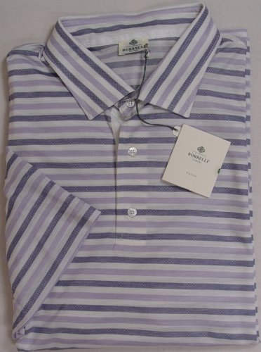 BORRELLI POLO $425 VIOLET/BLUE STRIPED 3-BTN HANDMADE COTTON POLO XXL 56e NEW