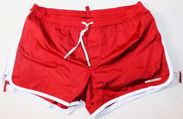 DSQUARED2 SWIM TRUNKS $440 RED CONTRAST WHITE LOGO ORNAMENT SWIMSUIT MED 50e NEW
