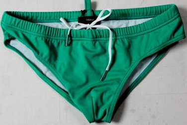 DSQUARED2 SWIM TRUNKS $295 GREEN/BLUE LOGO PRINT BACK SIDE BATHING SLIP S 48 NEW