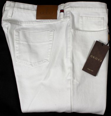 GUCCI JEANS $585 WHITE LOGO EMBOSSED LOGO STRIPED LOOP 5-PKT DENIM 38/35 54e NEW