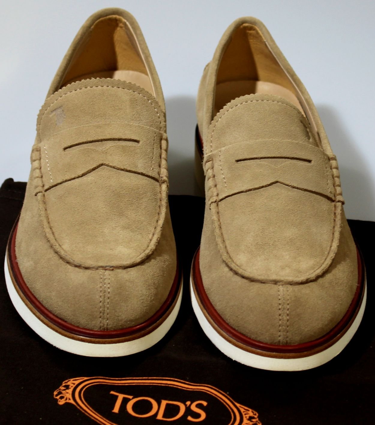 TOD'S SHOES $625 TAN LOGO EMBOSSED SPLIT TOE PEBBLE SOLE PENNY LOAFER 7 ...