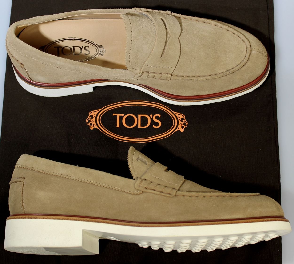 TOD'S SHOES $625 TAN LOGO EMBOSSED SPLIT TOE PEBBLE SOLE PENNY LOAFER 7