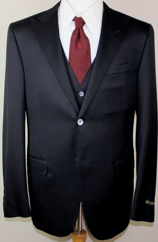 CORNELIANI SUIT $2460 BLACK SP 120's WOOL 2-BTN PEAK LAPEL 3-PC SUIT 44R 54e NEW