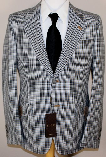GUCCI JACKET $2850 BROWN CHECK 2BTN LOGO SUEDE ACCENT HACKING JACKET 40R 52e NEW