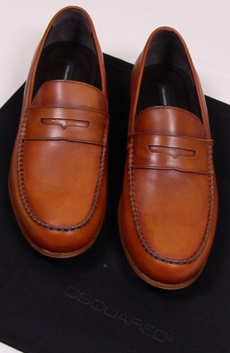 DSQUARED2 SHOES $650 CAMEL BROWN LOGO ORNAMENT HANDMADE PENNY LOAFER 12 45e NEW