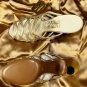 FERRAGAMO CREATIONS SHOES $1400 GOLD CALF HANDMADE KIMO2 STRAPY SANDAL 6B 36 NEW