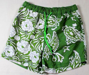 ETRO SWIM TRUNKS $345 GREEN/WHITE FLORAL PAISLEY SPLIT LOGO SWIMSUIT XXL 56e NEW