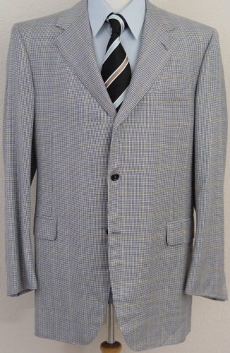 OXXFORD JACKET $2,995 BLUE CHECK WOOL/SILK/LINEN HANDMADE 3-BTN COAT 44L 54e NEW