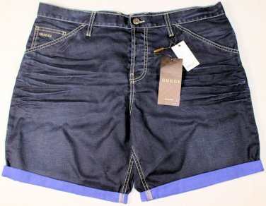 GUCCI PANTS $630 DARK WASH FRONT WHISKERED LOGO BTN FLY DENIM SHORTS 40 56e NEW