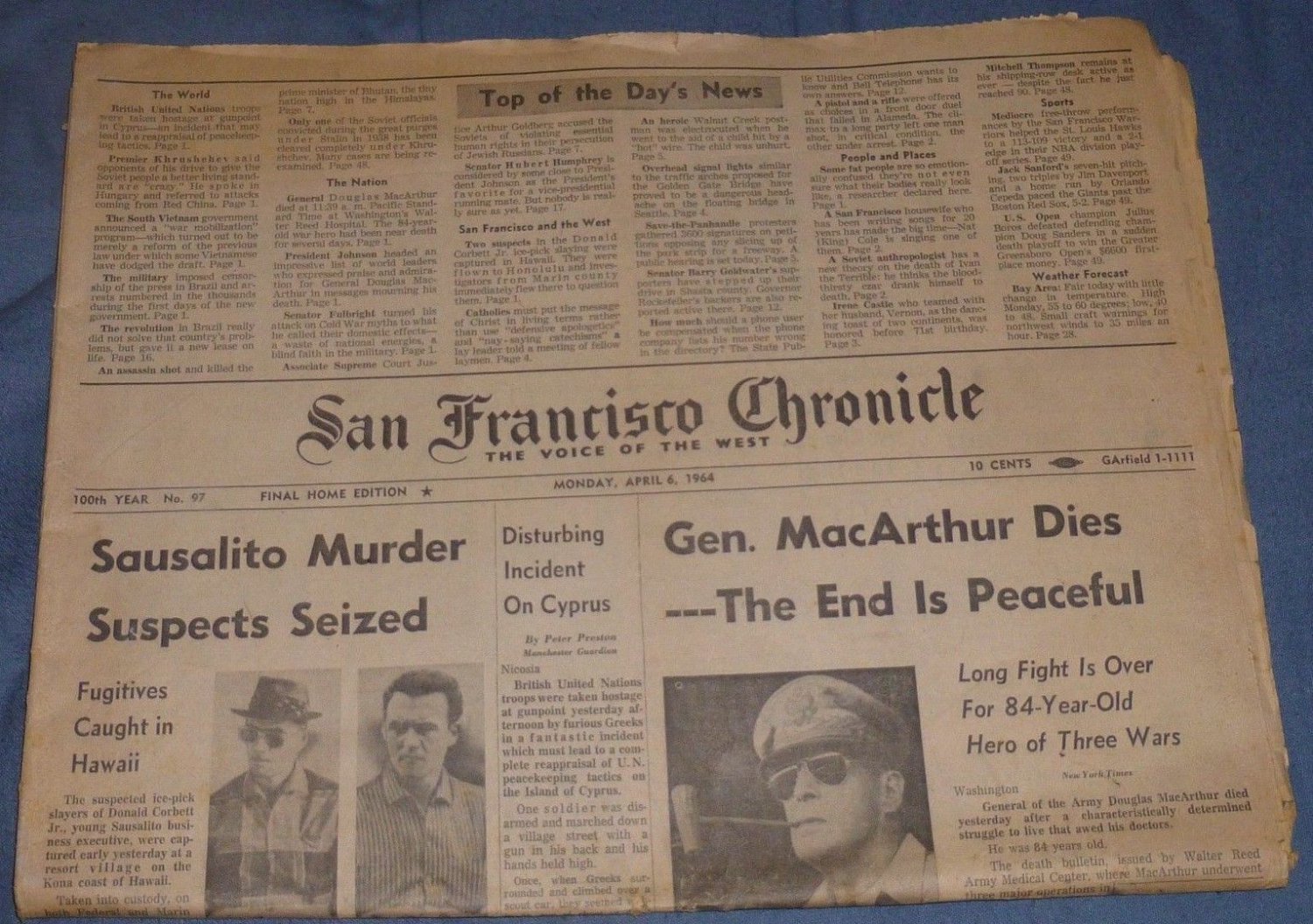 Vintage SAN FRANCISCO CHRONICLE April 6,1964 Monday Death of General MacArthur