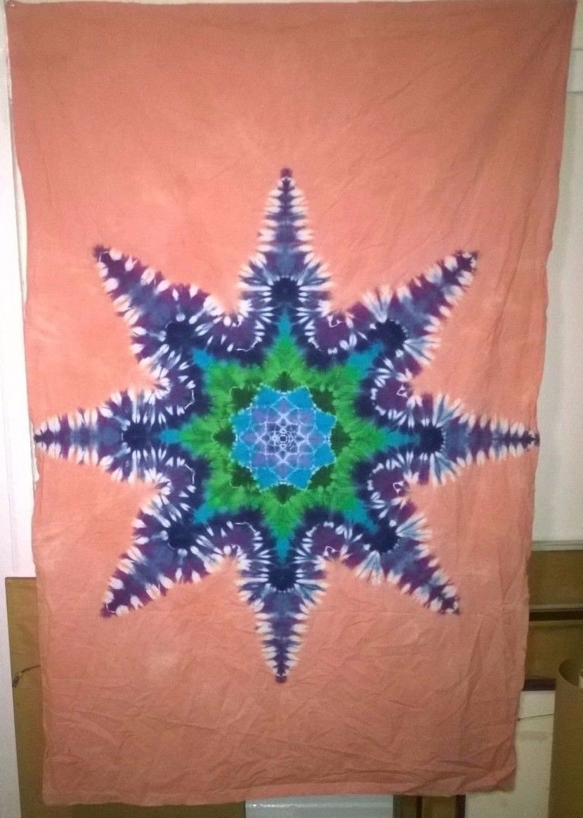 Tie Dye Wall Hanging Tapestry Star Pattern Blue Purple Green against Dusty Rose
