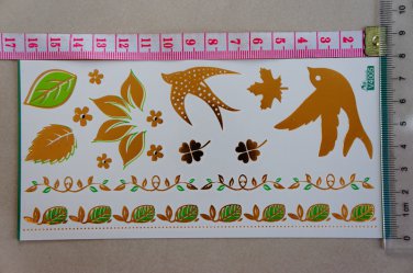 gold leaf temporary skin art tattoo, party body art bird and four leaf clover metallic fake tattoo