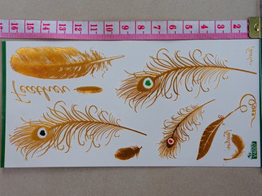Elegant heart feather design gold tattoos on arm, cool party skin art female breast metallic tattoo