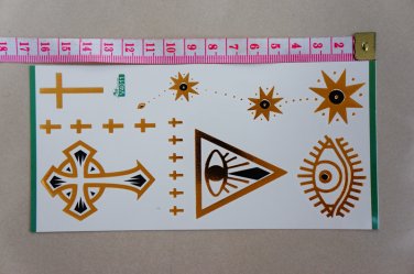 mysterious tribal tattoo gold temporary skin art, religion cross pattern flash metallic totem tattoo