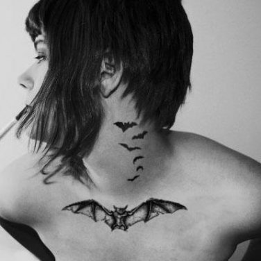 2 tattoos in a sticker Creative jean style black bat tattoo design for neck