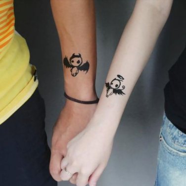 devil angel couple tattoos for lovers, romantic body art evil angel couple temporary tattoo