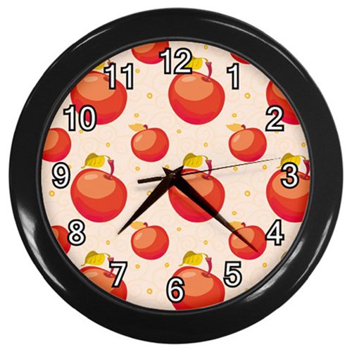 Red Apple Pattern Black Frame Kitchen Wall Clock