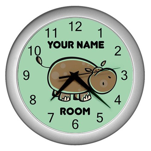 Green Personalized Hippo Wall Clock Silver Frame