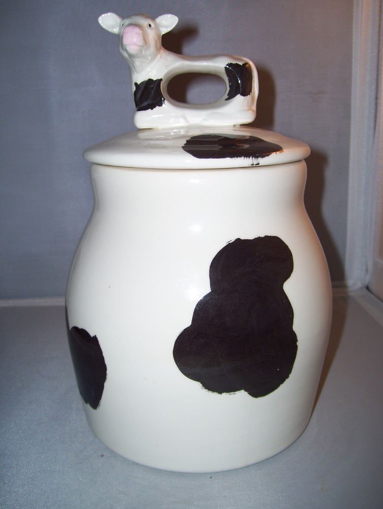 Cow Print Ceramic Cookie Jar Dish w/ Cow Lid Black & White 9.5" Tall