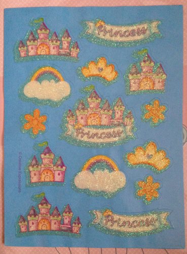 Sparkly Glitter Princess Rainbow Castle Flower Sticker Sheet
