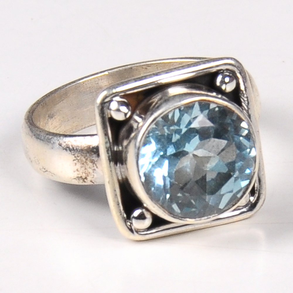 92.5 Sterling Silver Stylish Handmade Designer Chunky Handcrafted Ring With Studded Blue Topaz
