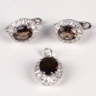 92.5 Sterling Silver Stylish Handmade Designer Pendant With Earring With Studded Smoky Quarts Stone