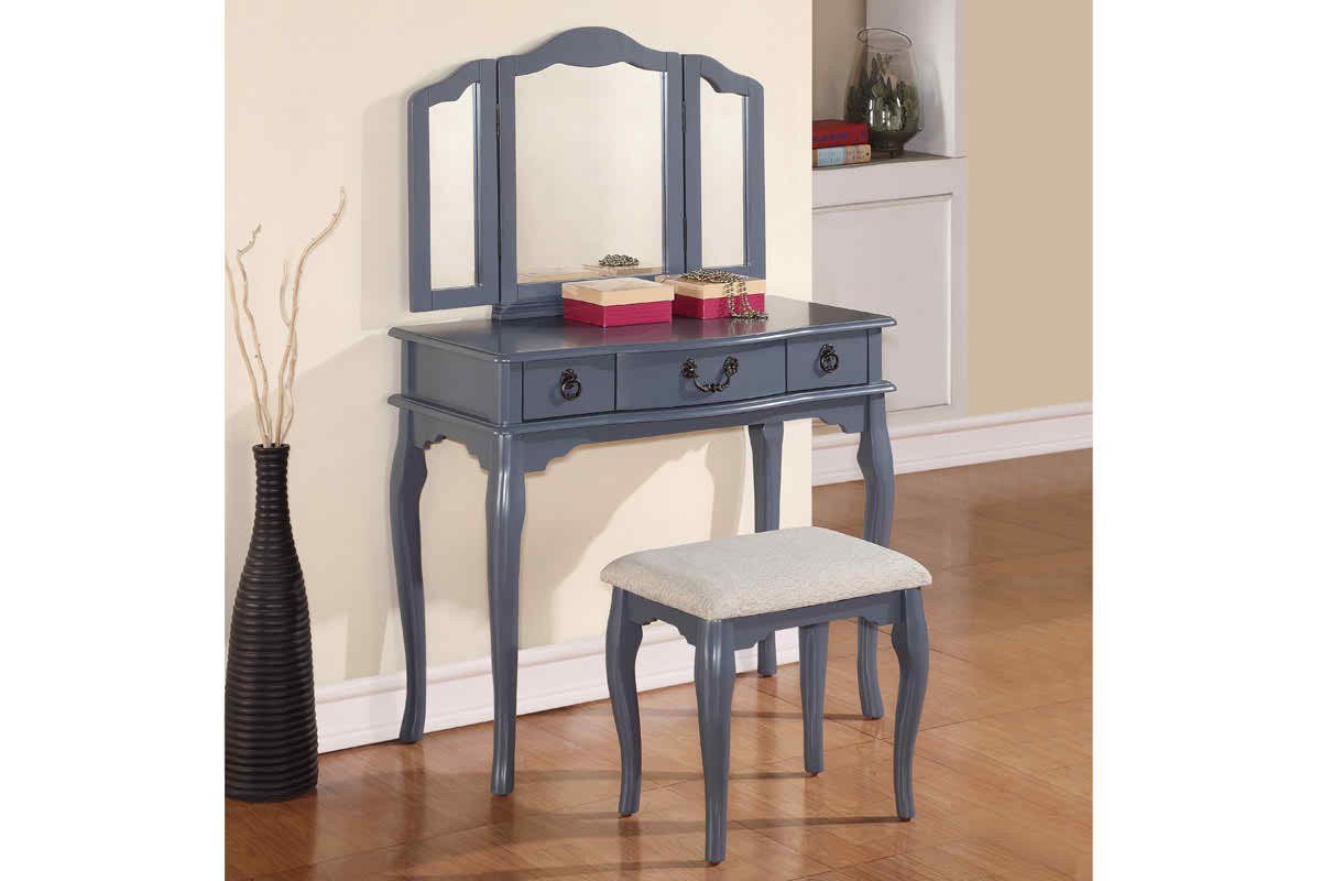 Poundex F4091 Blue Grey Vanity Set with Stool