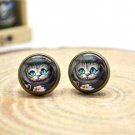 12mm Cat Earrings,Cheshire Cat Jewelry,Alice in wonderland Cat Stud Glass Dome Earring