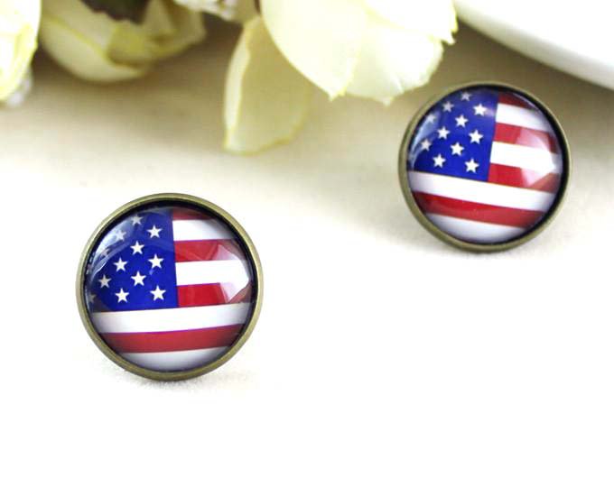 12mm American Flag Earrings USA Flag Studs Earrings Glass Cabochon Earring Studs