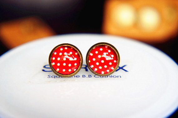 10mm Polka Dot Stud Earrings Handmade Glass Dome Earring Red Stud Earrings
