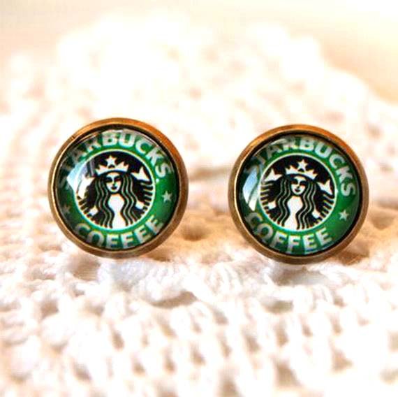 10mm Starbucks Earrings Glass Dome Earrings StarBucks Coffee Studs Earrings Glass Cabochon Earring