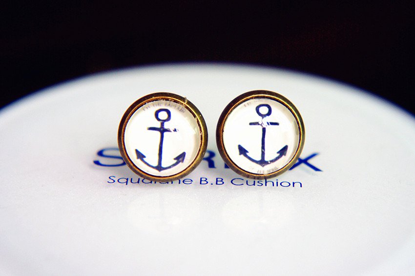 10mm Anchor Earrings Nautical Anchor Stud Earrings Glass Dome Earring,Sailor Post Earrings