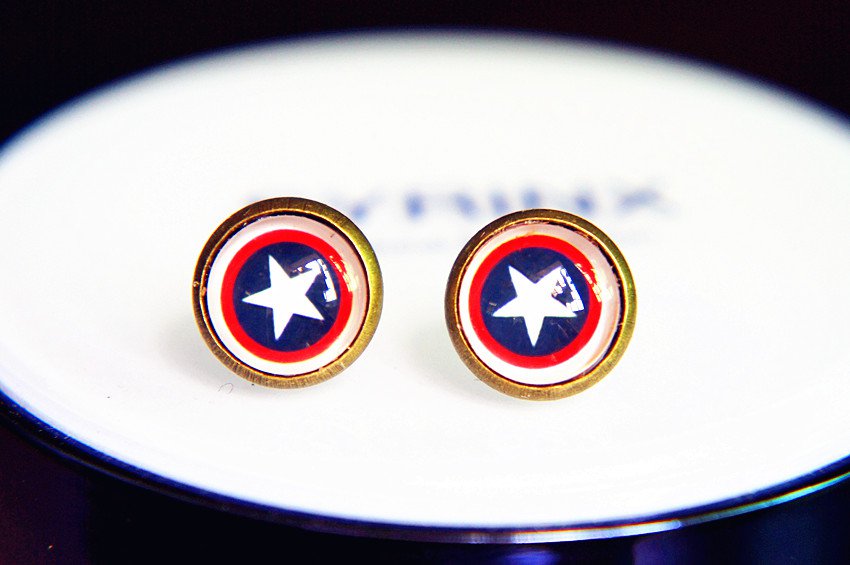 Captain America Earrings Glass Dome Earrings Captain America Studs Earrings Glass