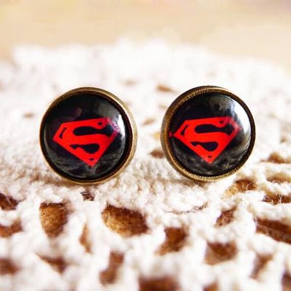 10mm Superman Earrings Glass Cabochon Earrings Dark Black Super Hero Studs Earrings