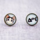 10mm Cat and Fish Earrings,Glass Dome Earring Cat Stud Earrings,Cat Like Fish Post Earrings