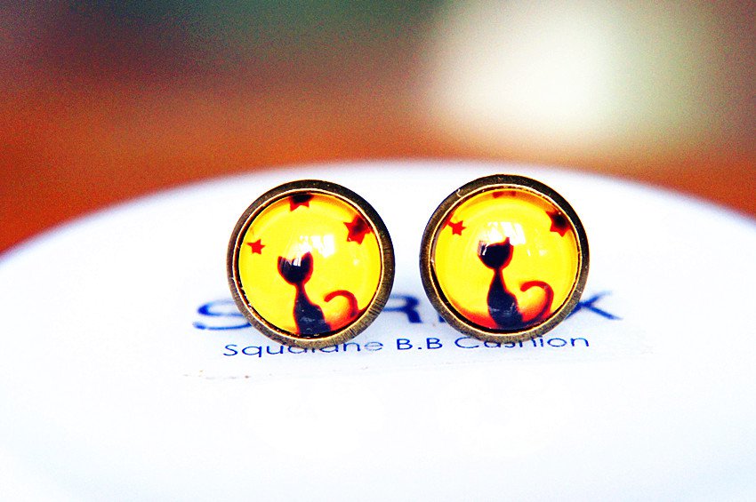 Cat Earrings Glass Dome Earring Black Cat Stud Earrings,Black Cat Post Earrings