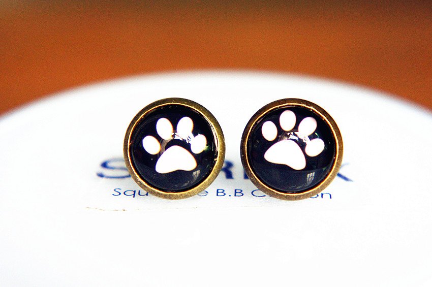 10mm Paw Earrings Glass Dome Earrings Pink Paw Earrings Animal Paw Studs